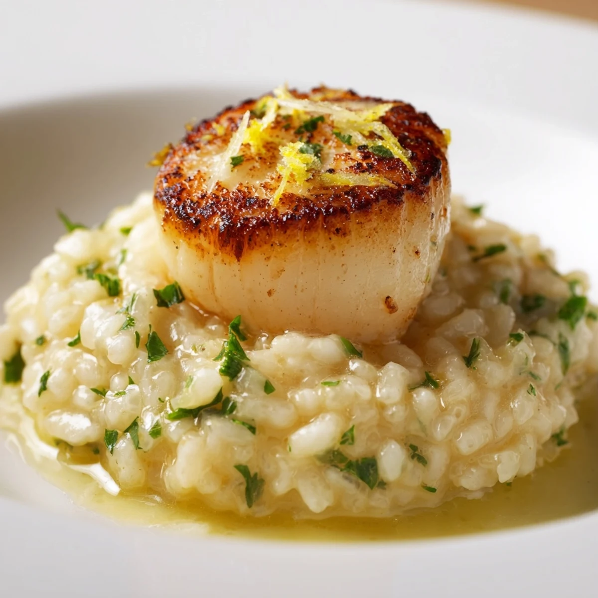 Golden seared scallops with a lemon-garlic butter glaze over creamy Parmesan risotto, garnished with fresh parsley.