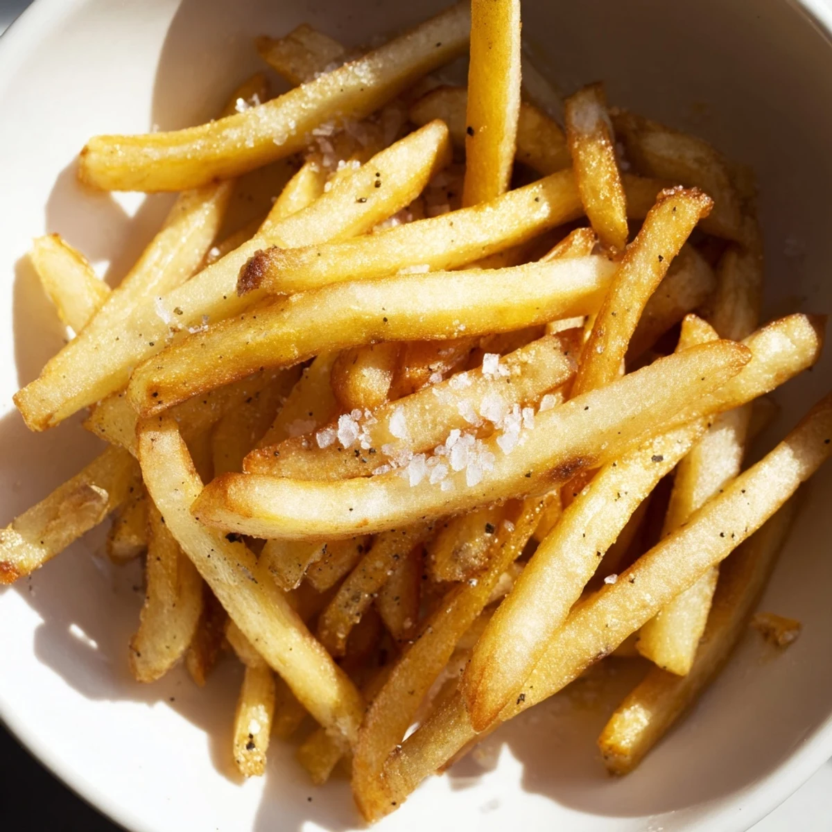 A close-up of Crispy Air Fryer French Fries with Sea Salt showing perfect golden crunch alongside a burger.