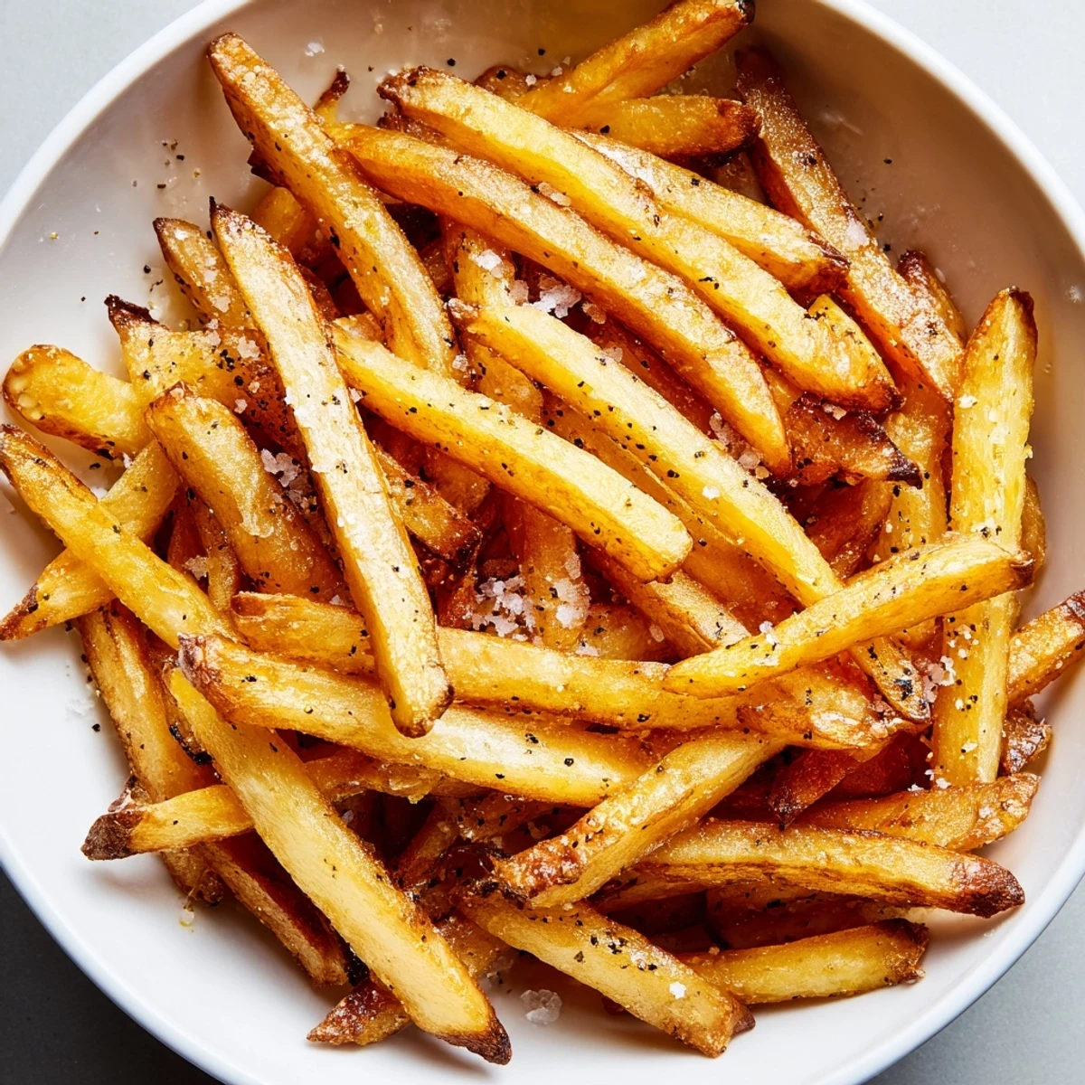 Golden, crispy Crispy Air Fryer French Fries with Sea Salt piled high in a rustic serving bowl.