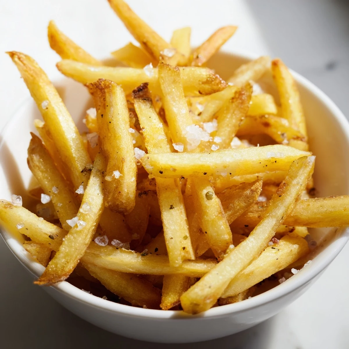 A bowl of Crispy Air Fryer French Fries with Sea salt served hot with ketchup and aioli dipping sauces.