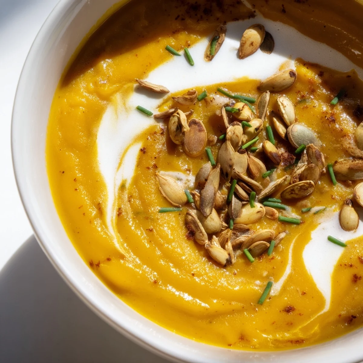 Golden Creamy Pumpkin Soup with Toasted Seeds glows in a rustic bowl, topped with vibrant green chives and crunchy pepitas.