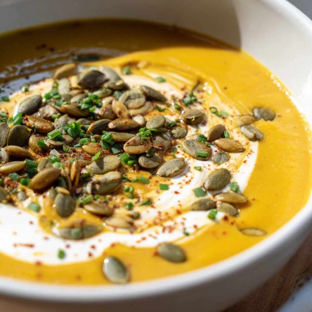 A close-up of Creamy Pumpkin Soup with Toasted Seeds, showing its velvety orange texture and glistening cream swirl.