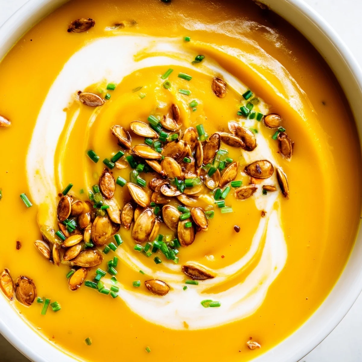 Creamy Pumpkin Soup with Toasted Seeds served alongside crusty artisan bread, perfect for a cozy autumn dinner.