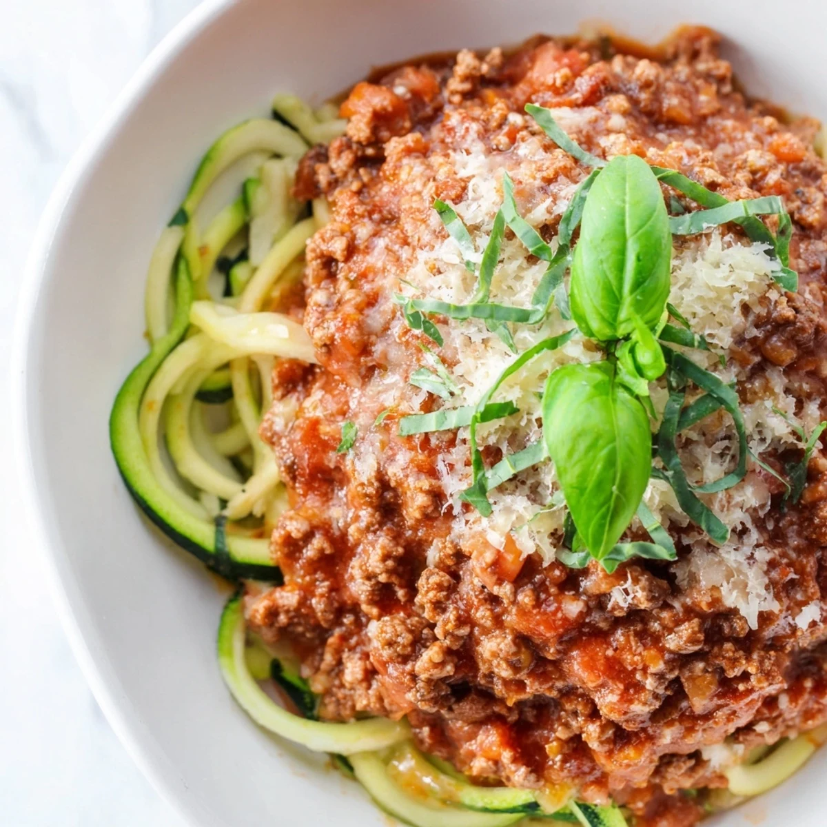 Ground turkey simmered in rich tomato sauce topped with spiralized zucchini noodles for a low-carb meal.
