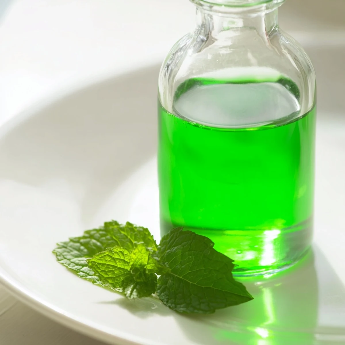 Dropper bottle releasing peppermint extract onto a fresh leaf for a close-up view.