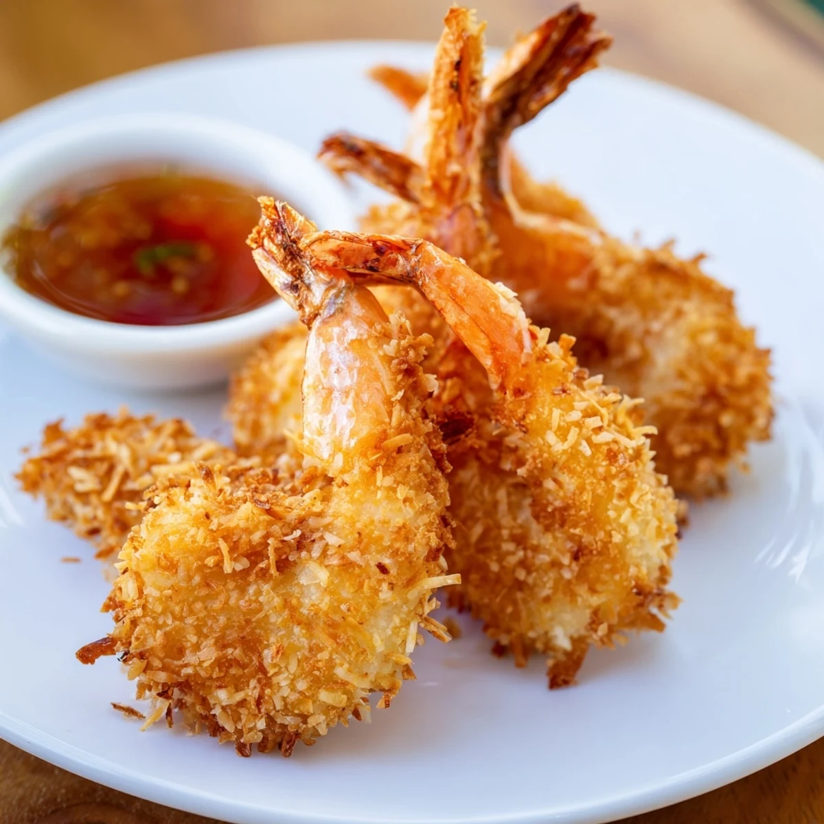 Golden brown Crispy Coconut Shrimp piled high, served with a vibrant red sweet chili dipping sauce for a flavorful appetizer.