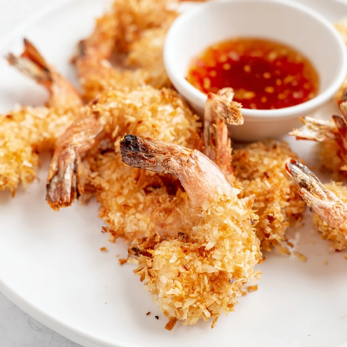 Delicious Crispy Coconut Shrimp appetizer, garnished with fresh lime wedges and served alongside a small bowl of sweet chili sauce.