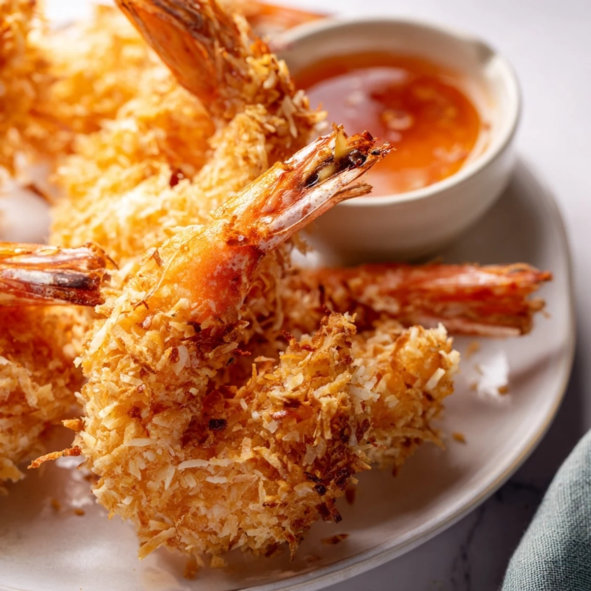 Freshly fried Crispy Coconut Shrimp with a crunchy coconut and panko crust, ready to dip into tangy Thai chili sauce.