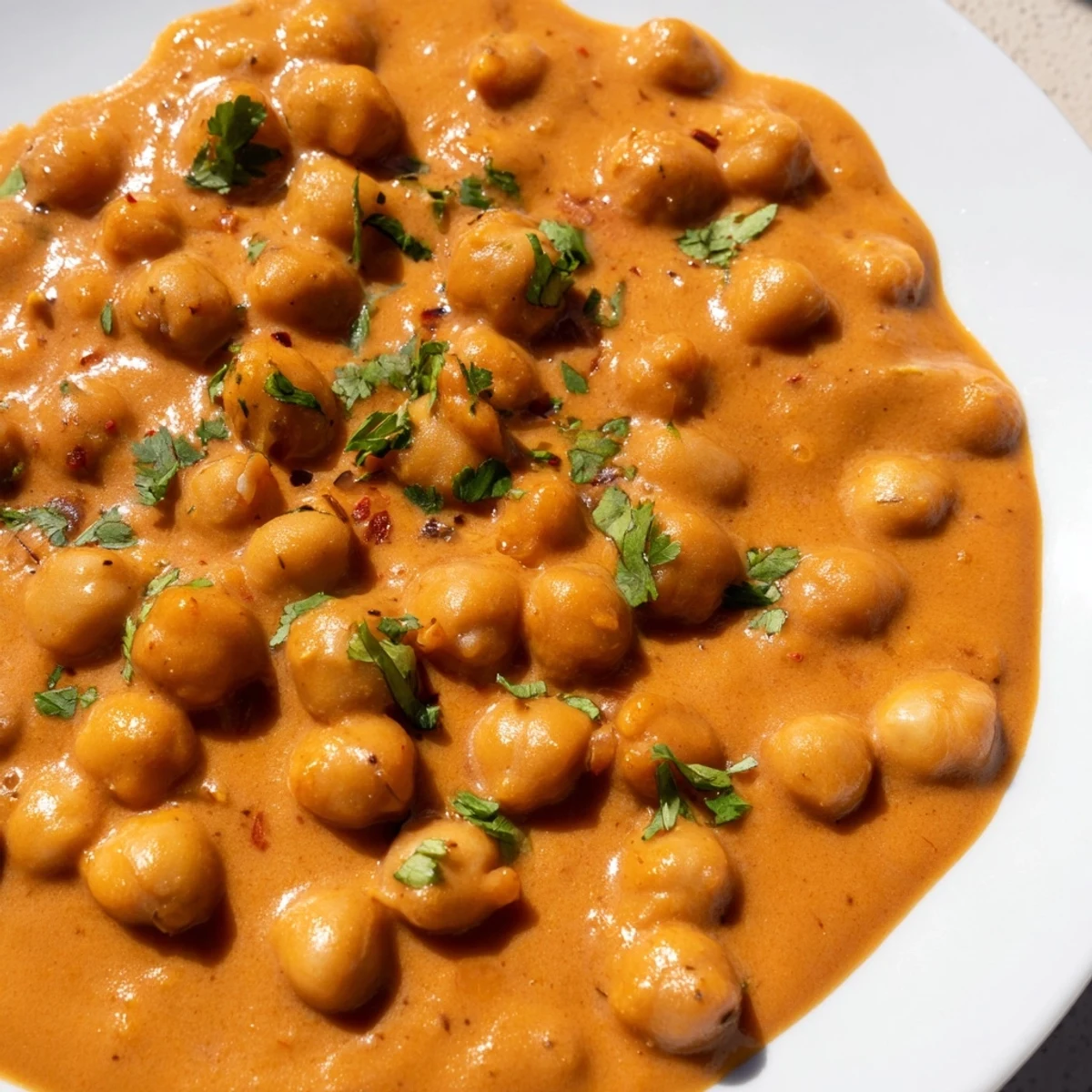 A spoon serves Vegan Chickpea Tikka Masala over basmati rice, showcasing the rich, orange curry.