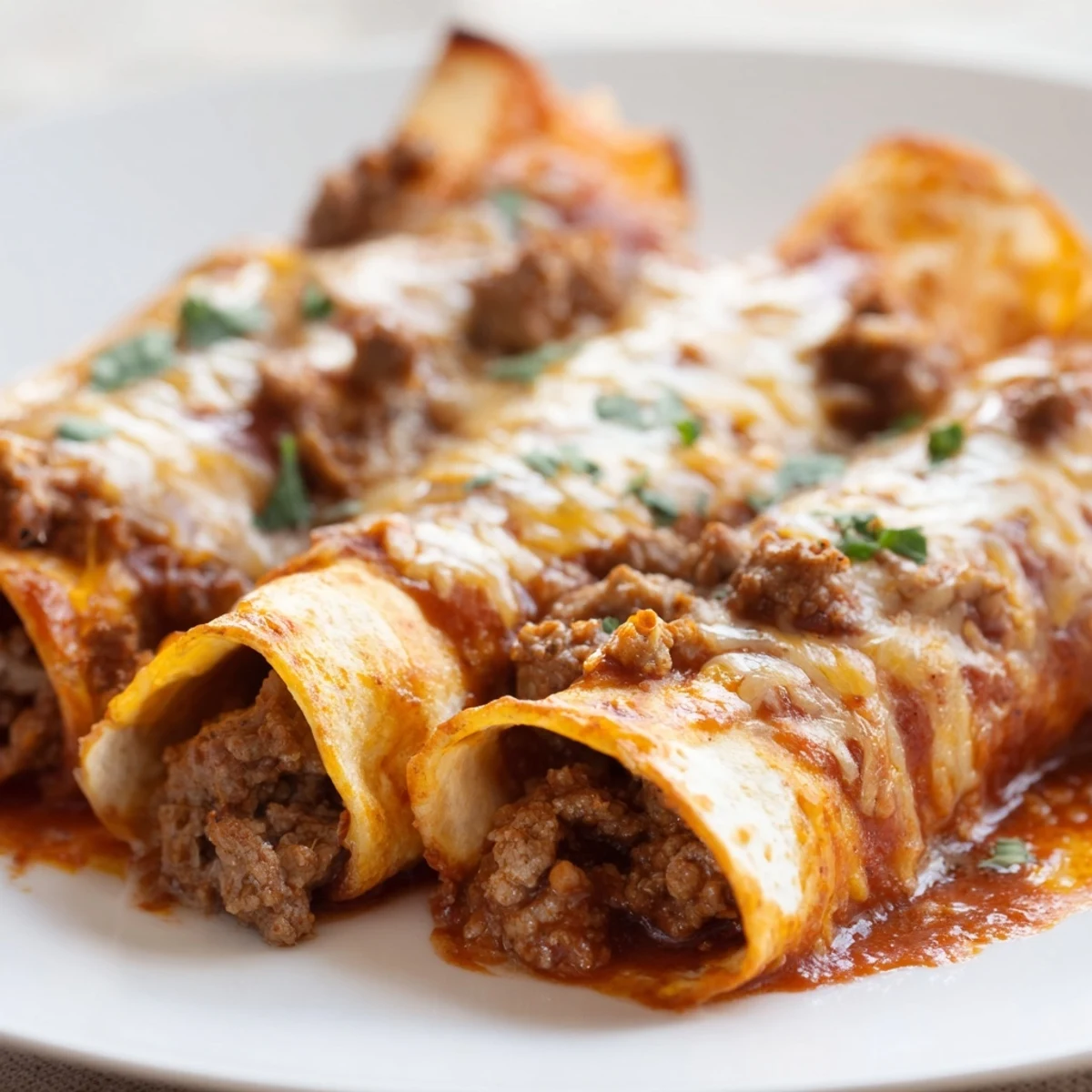 Freshly baked Beef Enchiladas topped with melted cheddar cheese and cilantro, served in a casserole dish ready to slice.