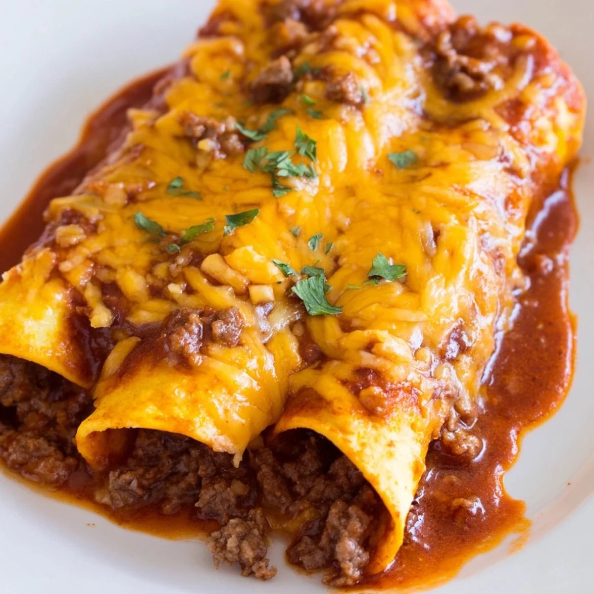 Cheesy, saucy beef enchiladas garnished with sour cream, perfect for a hearty Mexican-inspired family dinner on a table.