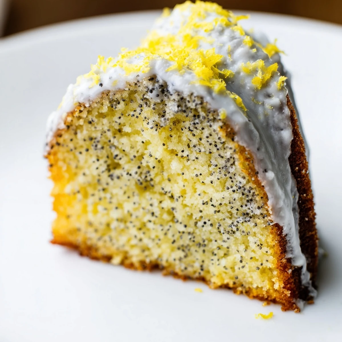 Overhead view of a slice of Lemon Poppy Seed Bundt Cake with Lemon Cream Glaze on a plate, revealing a moist, tender crumb.