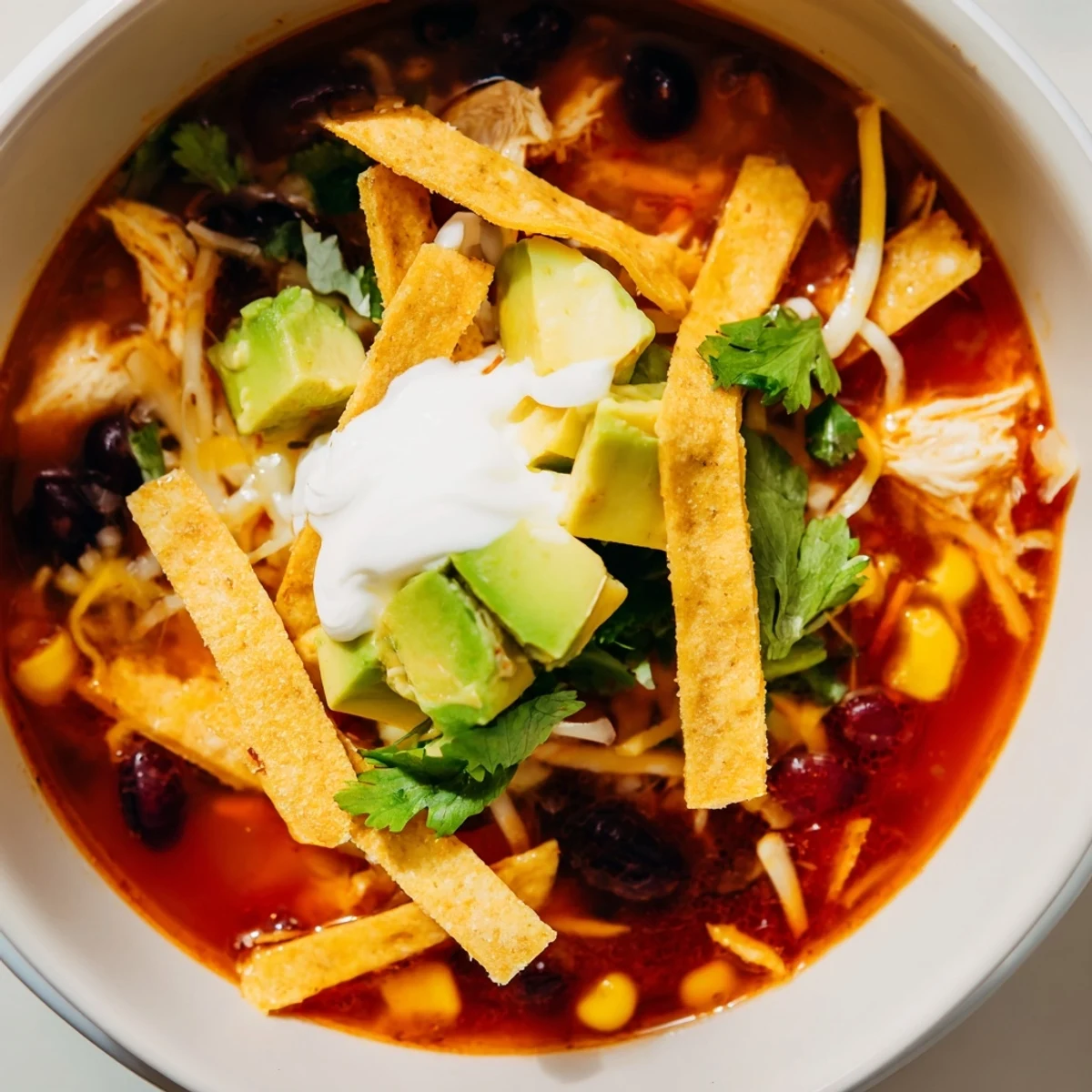 Spicy chicken tortilla soup steaming in a rustic bowl, garnished with fresh cilantro, lime wedges, and crunchy corn tortilla strips.