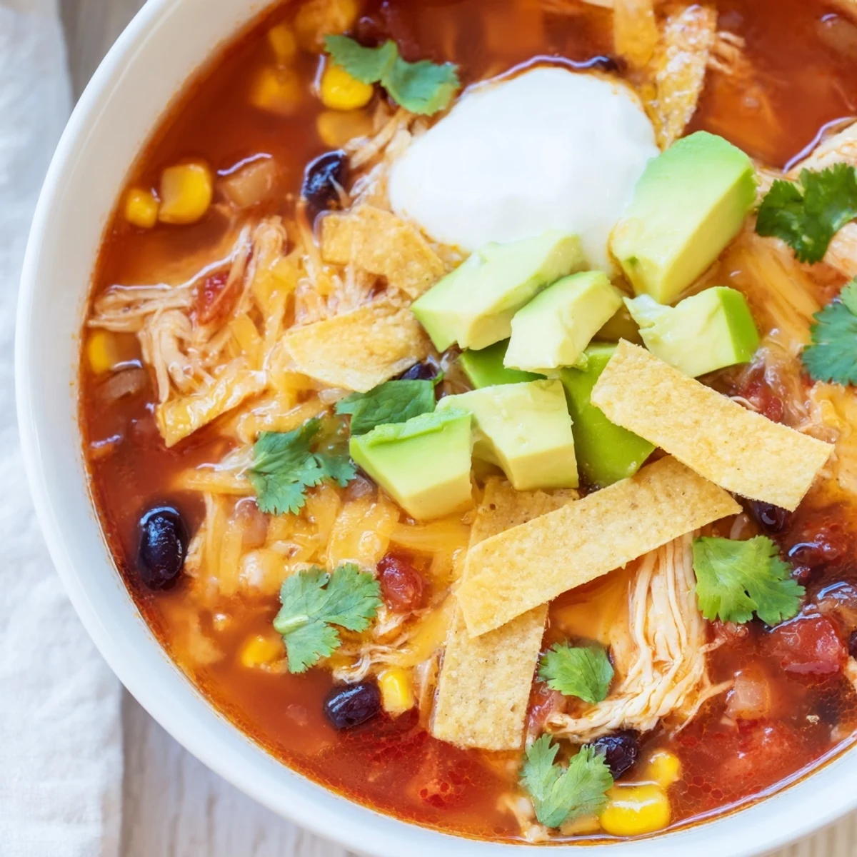Golden broth with shredded chicken, black beans, and corn in a bowl, topped with crispy baked tortilla strips and diced avocado.