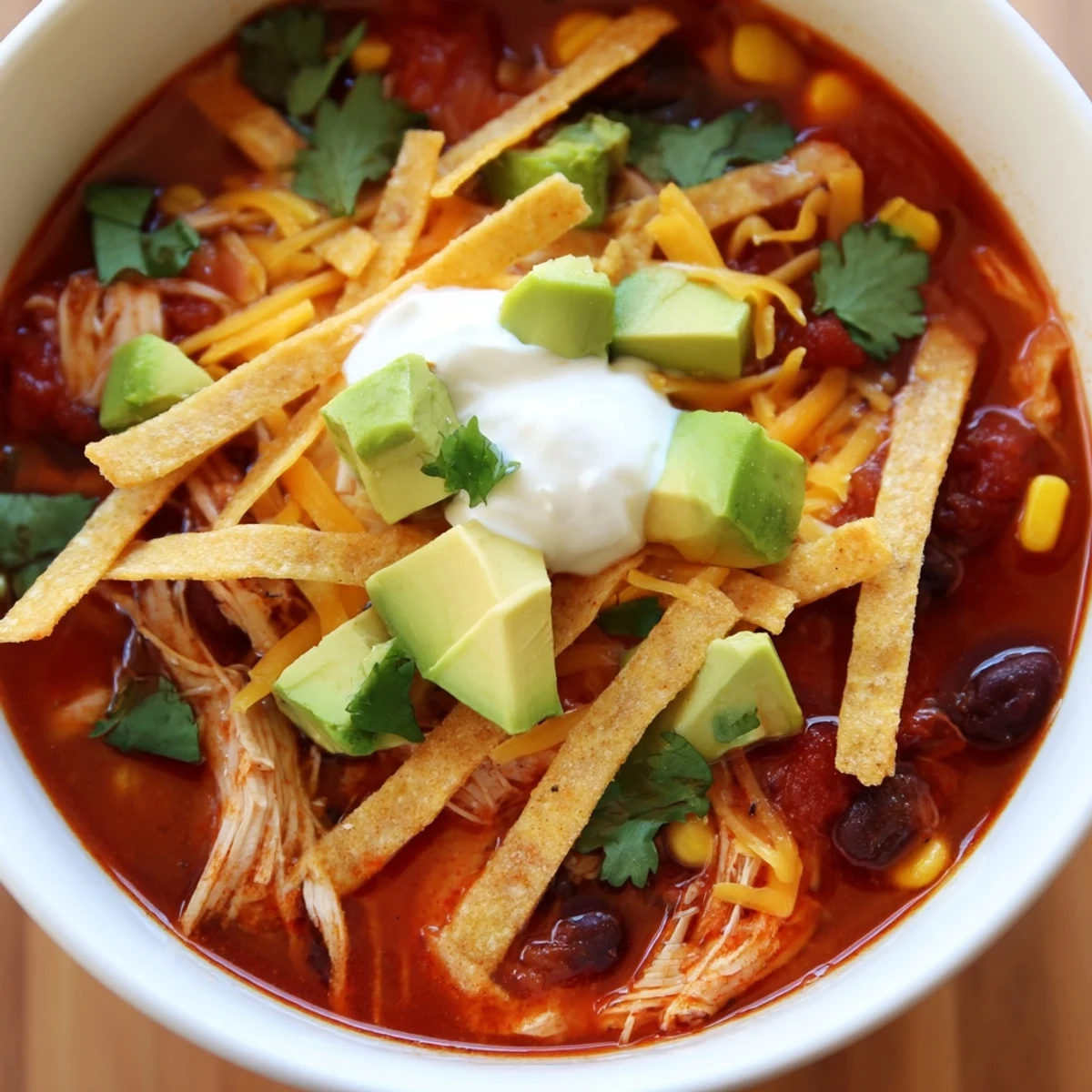 Hearty Mexican chicken tortilla soup with tender vegetables, black beans, and crunchy tortilla strips, served with cheese and sour cream.