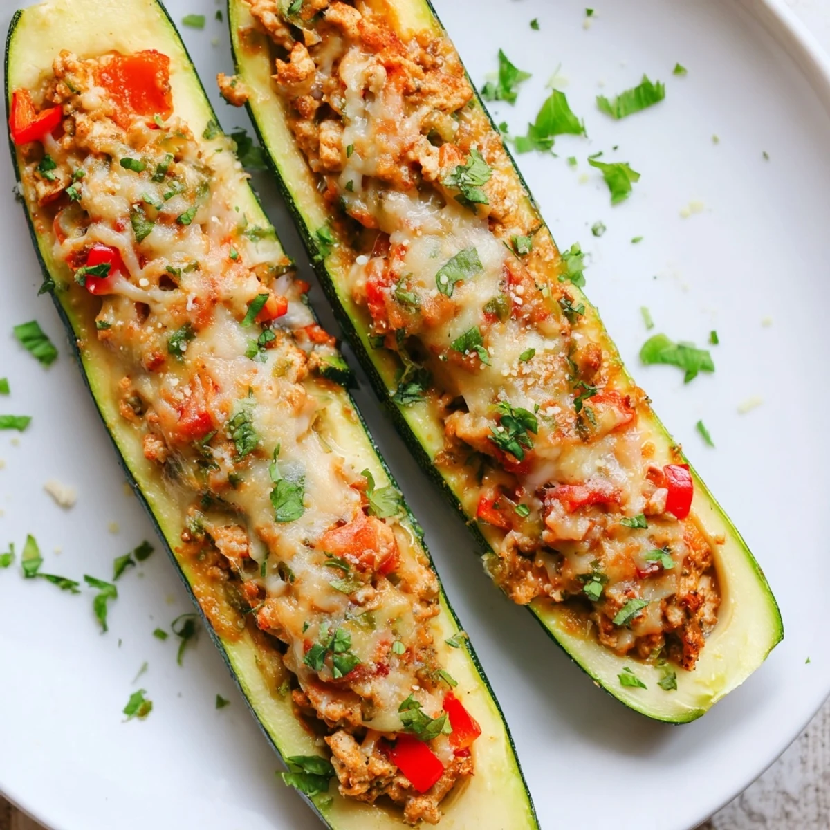 Golden-brown Chicken Zucchini Boats with Cheese fresh from the oven, garnished with parsley.