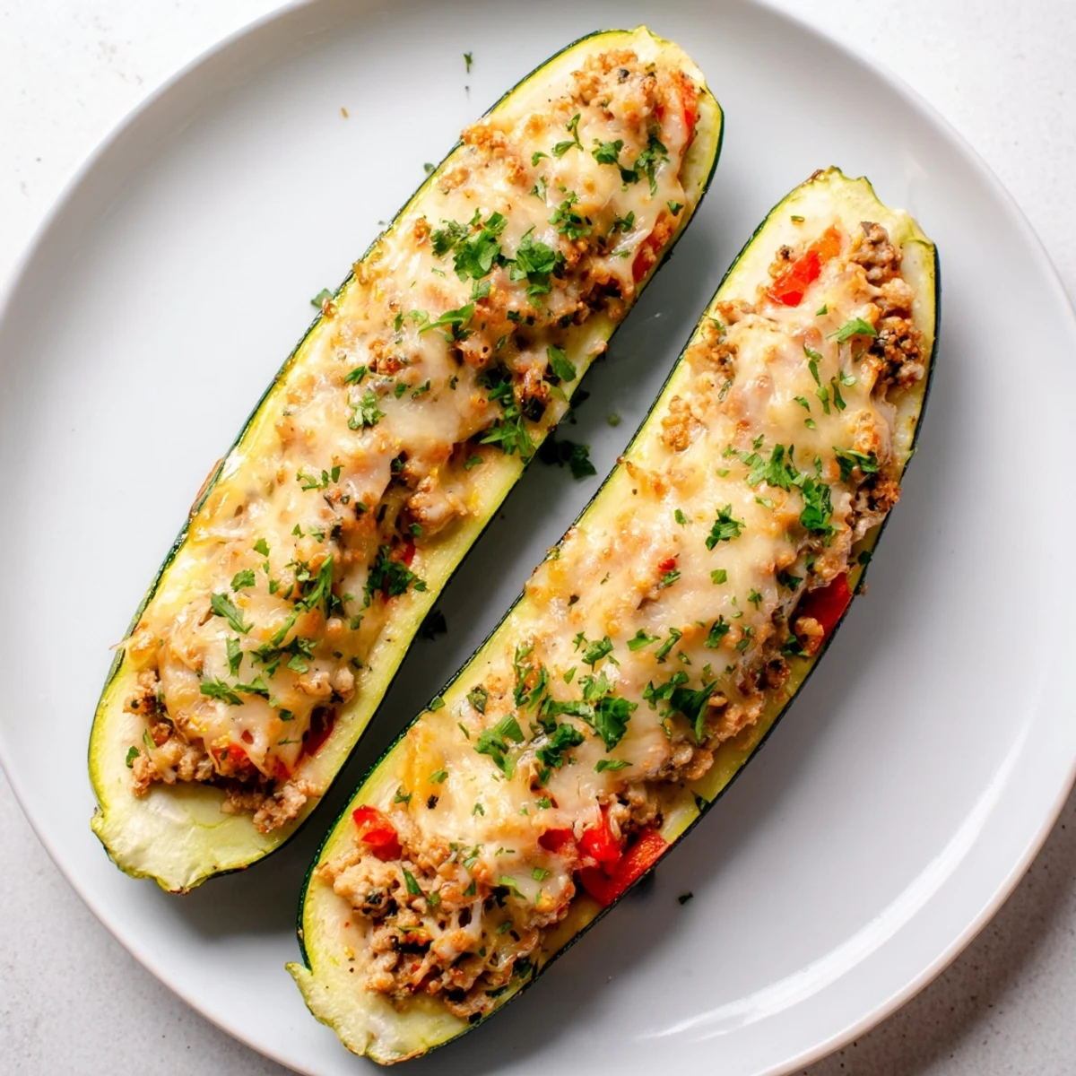 Freshly baked Chicken Zucchini Boats with Cheese served alongside a crisp green salad.