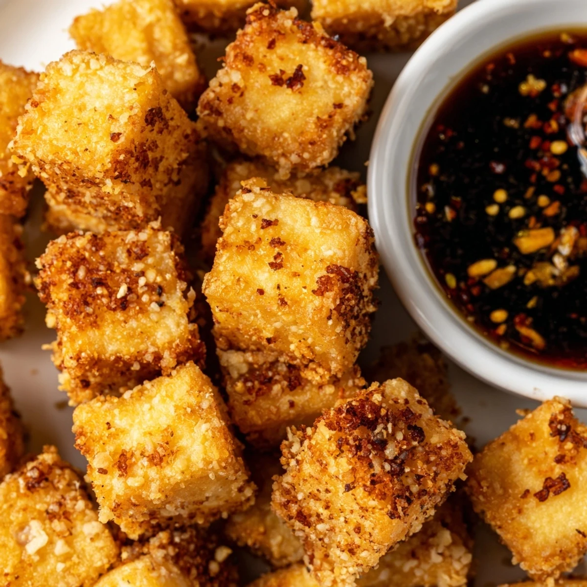 Golden Crispy Tofu Bites with Dipping Sauce arranged on a platter with chopsticks for an appetizer.
