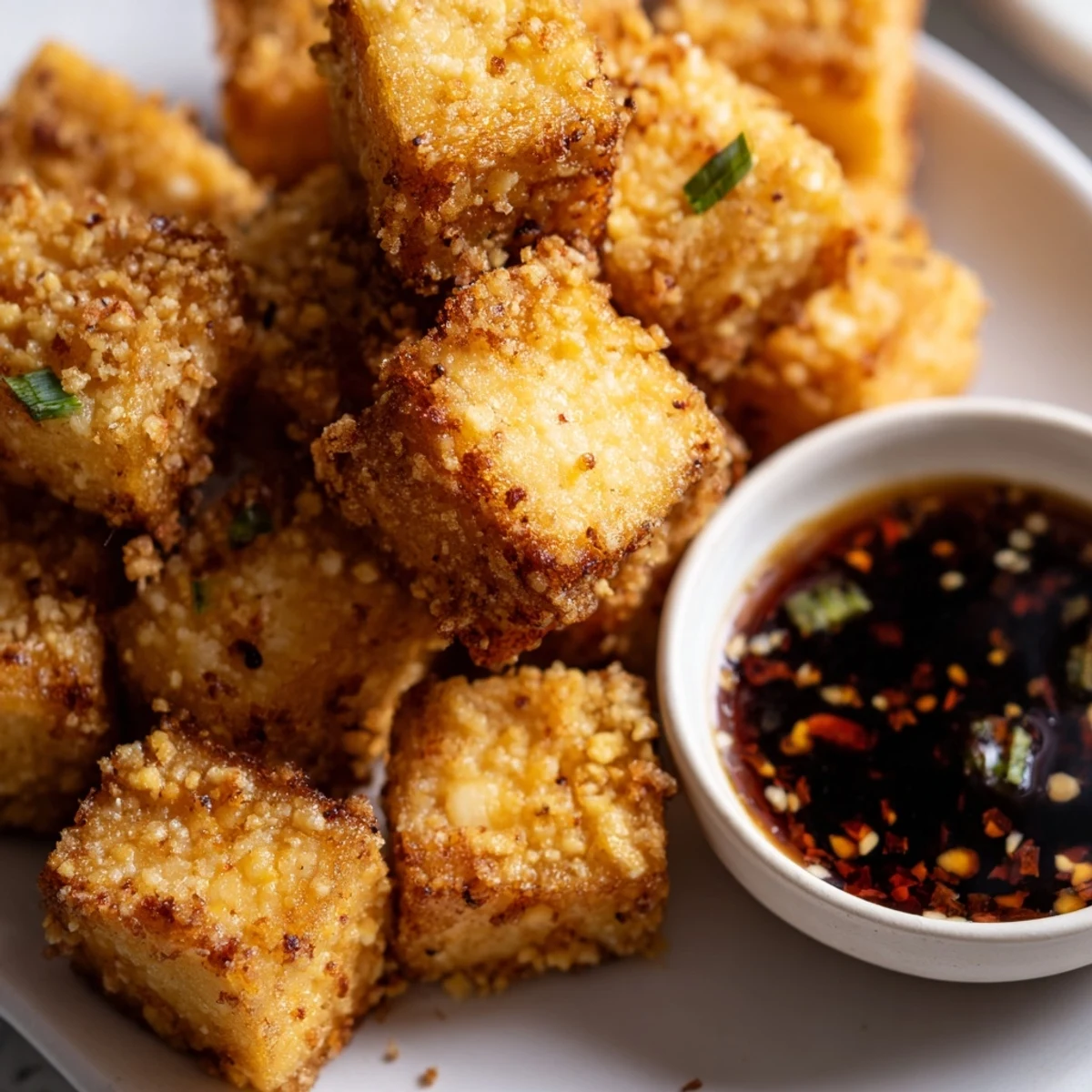 Fork-ready Crispy Tofu Bites with Dipping Sauce on a dinner plate beside fresh jasmine rice.