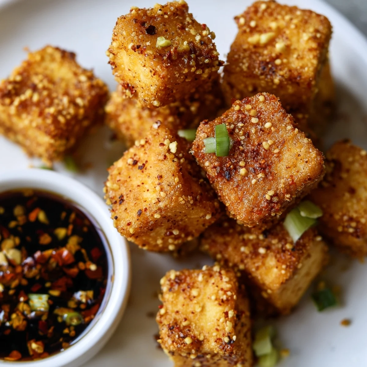 Close-up of Crispy Tofu Bites with Dipping Sauce showing steam rising and a drizzle of sesame oil.