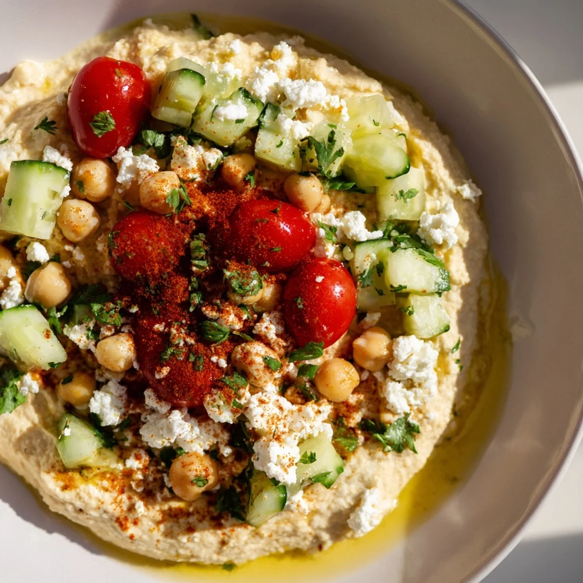 A vibrant Mediterranean Hummus Bowl topped with crumbled feta, kalamata olives, and fresh parsley, served with warm pita bread.
