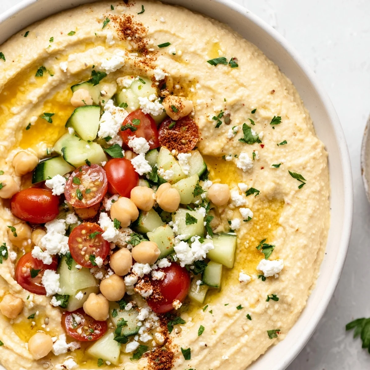 Spoonfuls of creamy hummus in a Mediterranean Hummus Bowl with crisp cucumber, cherry tomatoes, and chickpeas, ready to enjoy.