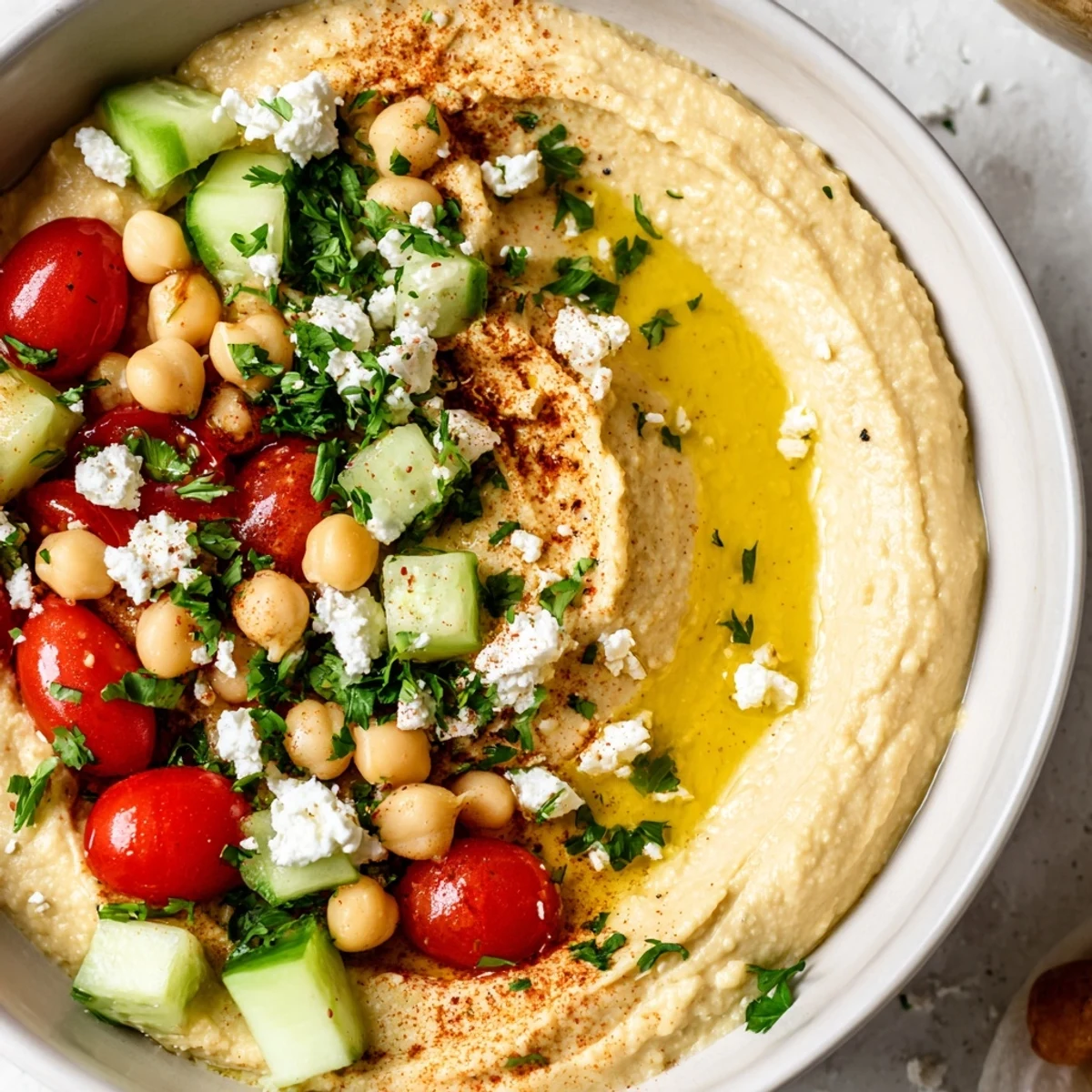 A finished Mediterranean Hummus Bowl drizzled with olive oil and sumac, paired with warm pita wedges for dipping.