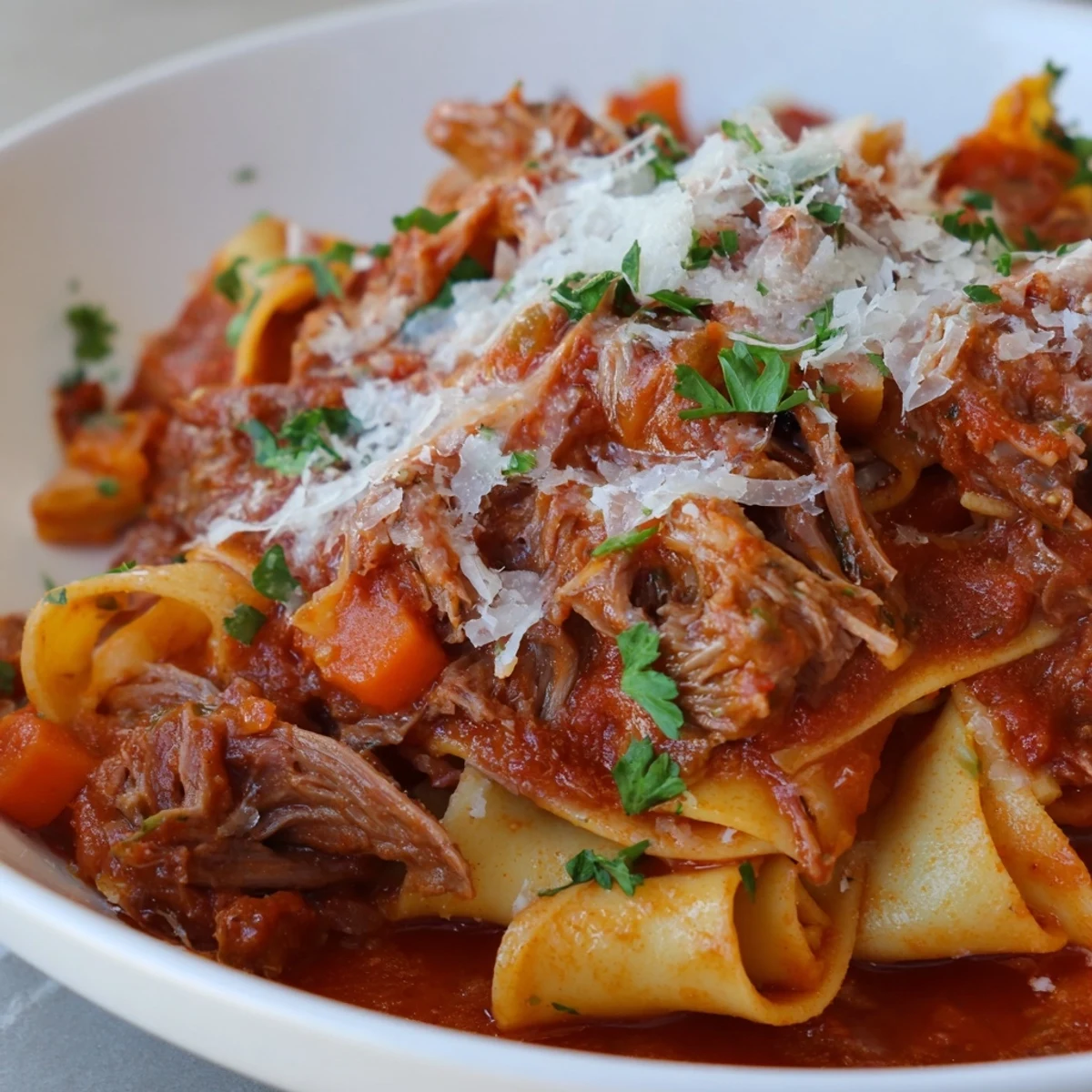 Bowl of Slow Cooker Ragu Sauce with Beef, served over pappardelle pasta with fresh parsley and grated Parmesan.