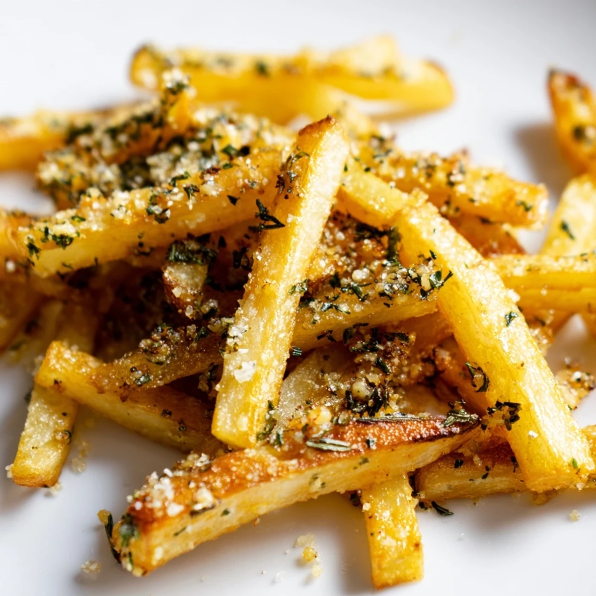 Crispy Roasted Fries with Garlic and Herbs tossed in olive oil on a rustic wooden board.