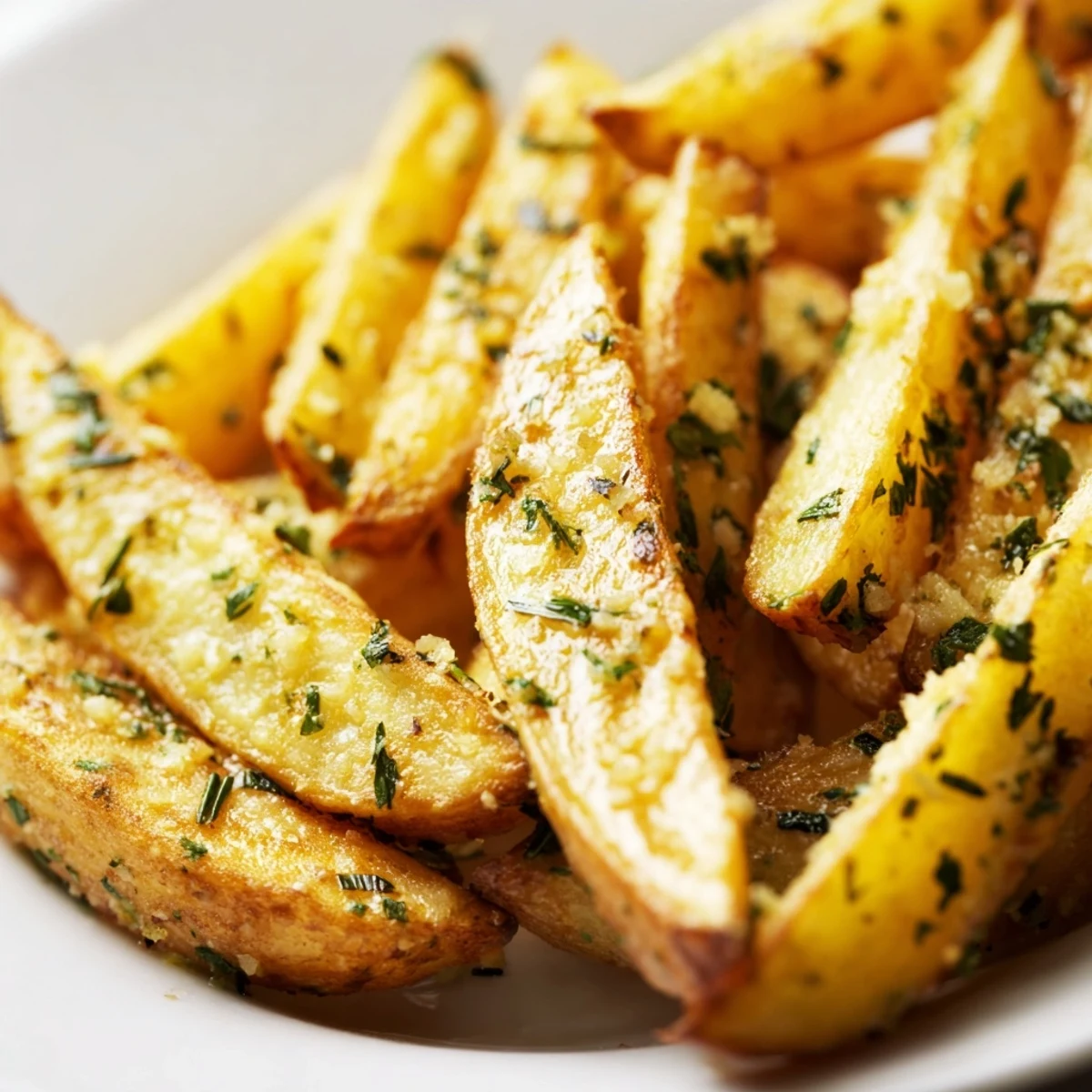 Golden Roasted Fries with Garlic and Herbs topped with fresh parsley and grated Parmesan cheese.