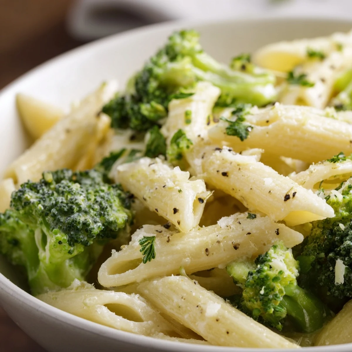 Creamy Broccoli Pasta served in a bowl, featuring tender penne and bright green broccoli floplets coated in rich Parmesan sauce, garnished with fresh parsley.