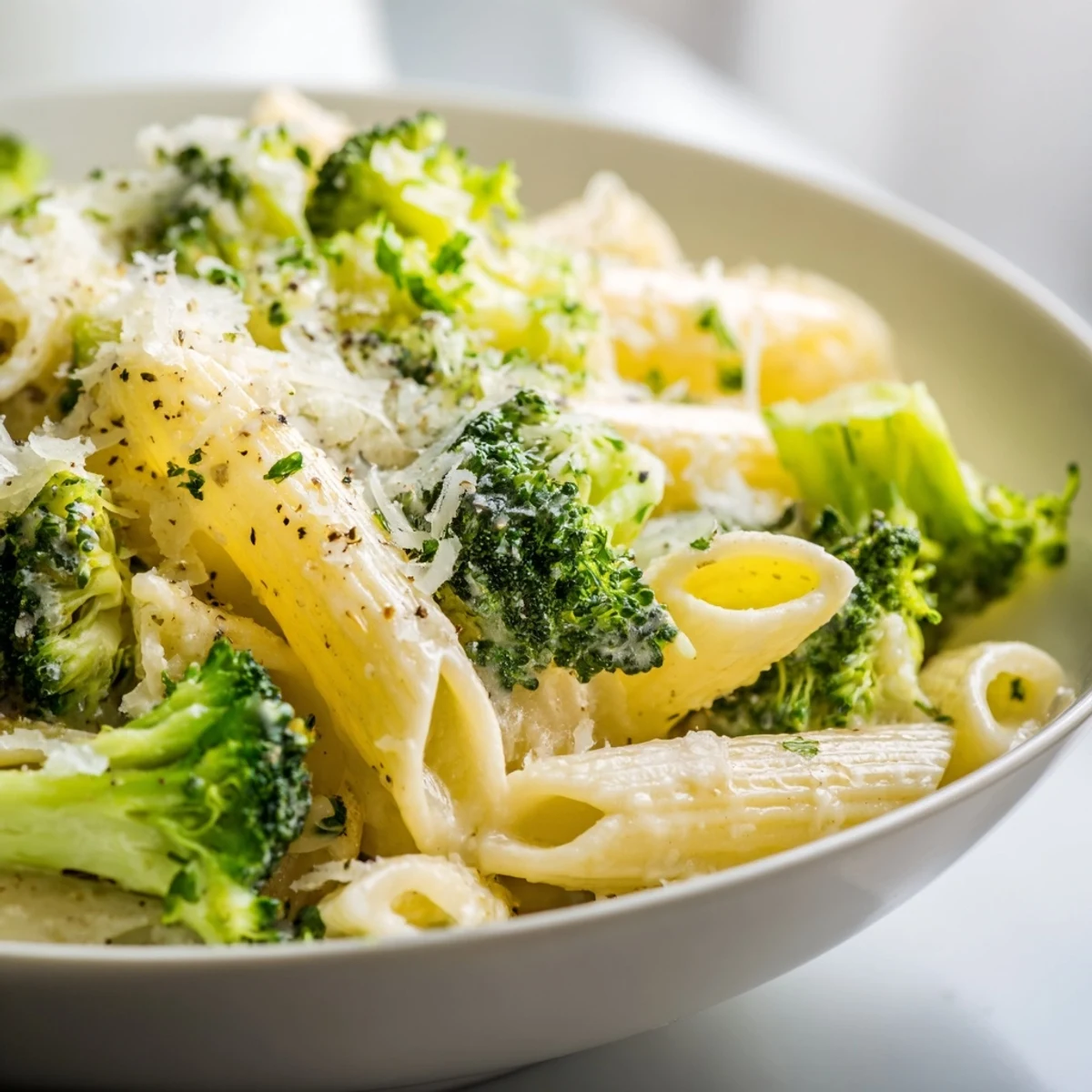 Creamy Broccoli Pasta plated for a weeknight dinner, accompanied by a crisp side salad and a glass of white wine, ready to enjoy.