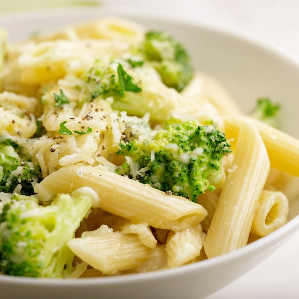 A close-up of Creamy Broccoli Pasta showing a luscious Parmesan cream sauce clinging to the pasta, with steam rising and extra grated cheese on top.