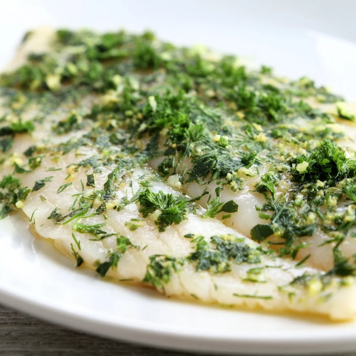 Bright golden Baked Tilapia with Herbs rests on a white plate, garnished with fresh parsley, dill, and lemon wedges for a fresh, light meal.