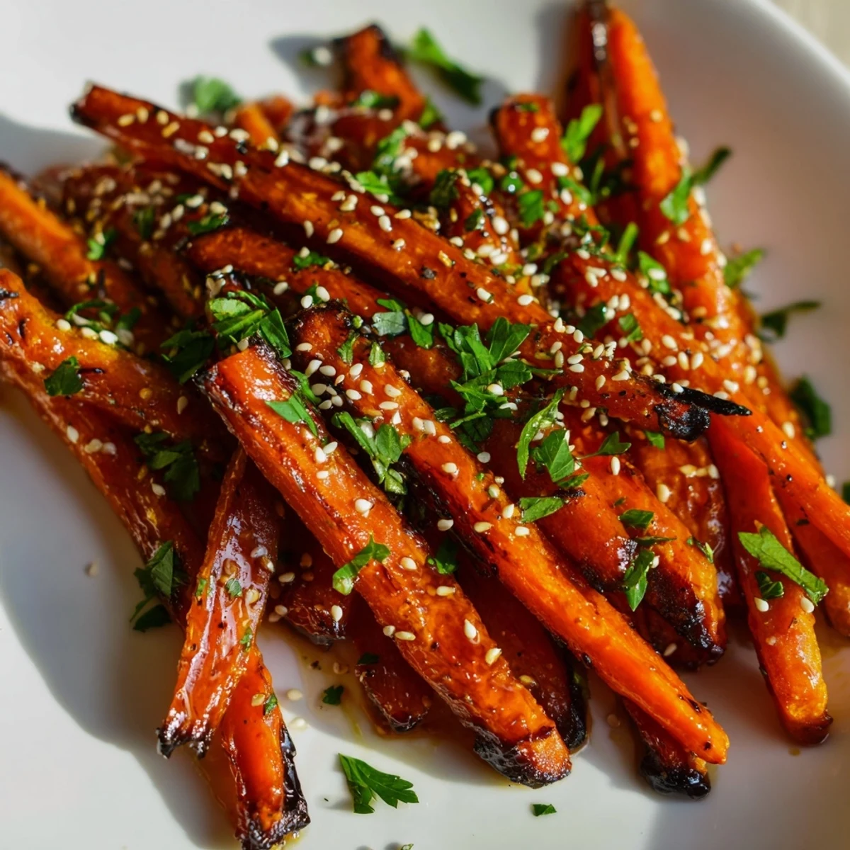 Caramelized roasted carrots glisten with maple glaze, garnished with fresh parsley on a white serving platter for a simple, elegant side dish.  