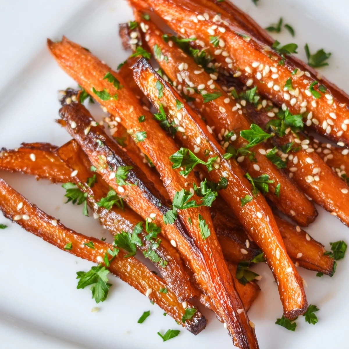 Golden roasted carrots with maple, seasoned with cumin and fresh herbs, ready to serve warm from the oven for a vegetarian side.