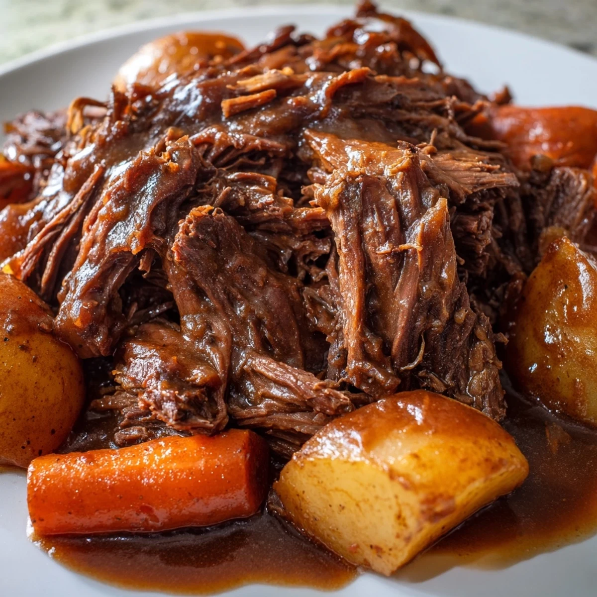 Golden-brown beef chuck roast slow-cooked with carrots, potatoes, and onions in a rich, savory gravy, ready to serve as a classic American dinner.