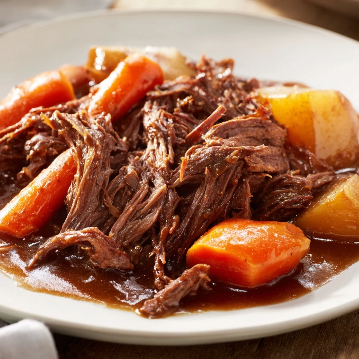 Sliced, fork-tender pot roast with glazed carrots and potatoes, drizzled with thick, savory gravy and garnished with fresh rosemary sprigs.