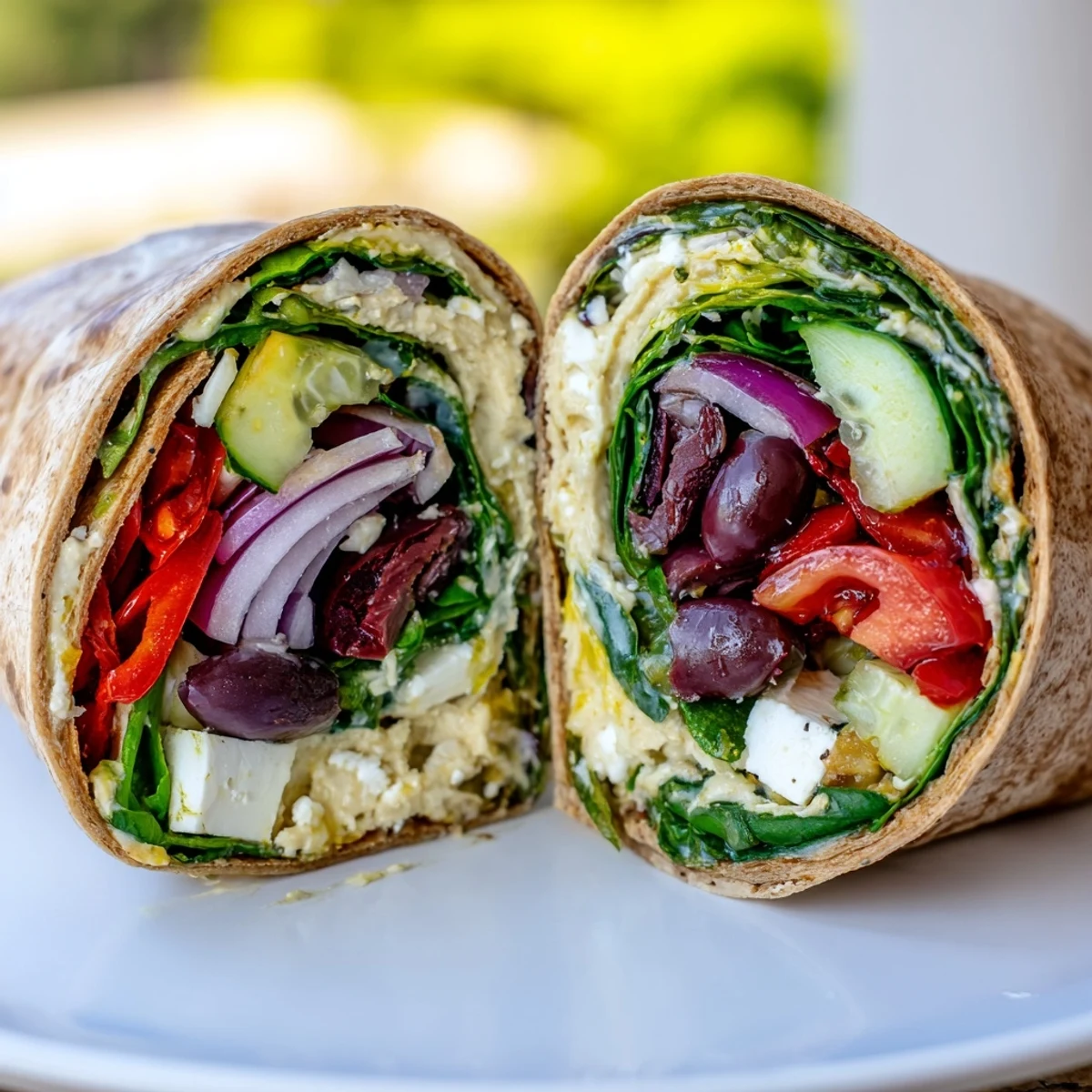 Freshly made Mediterranean Wrap filled with creamy hummus, tangy feta, and vibrant roasted vegetables on a plate.