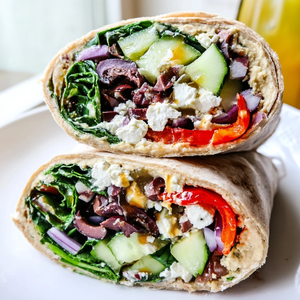 Bright and colorful Mediterranean Wrap drizzled with zesty lemon-oregano dressing, ready for a healthy lunch or dinner.