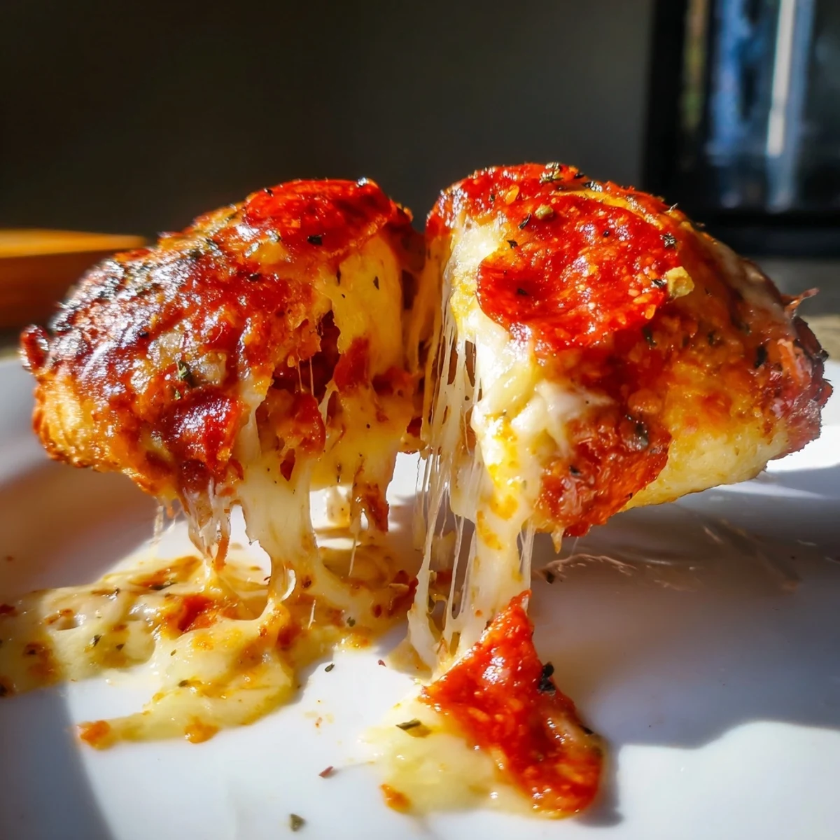 Bite-sized Super Bowl pizza rolls, golden brown with sesame seeds, paired with a dipping bowl of warm pizza sauce.