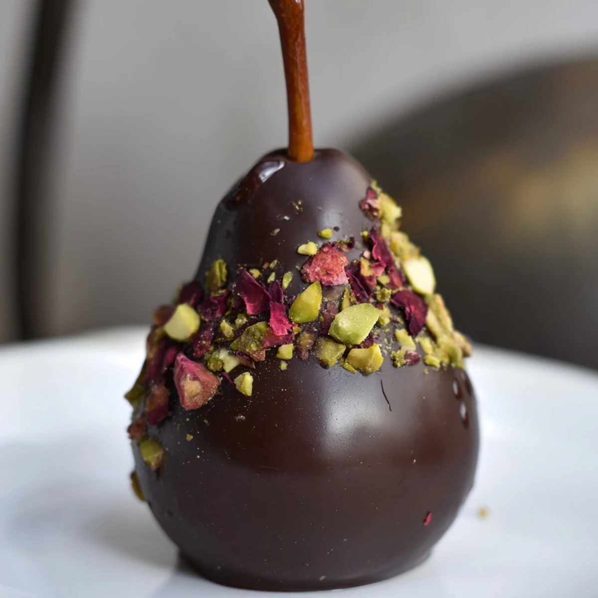 Four whole pears, peeled and stemmed, are dipped in a glossy layer of melted dark chocolate for Romantic Chocolate Covered Pears.  