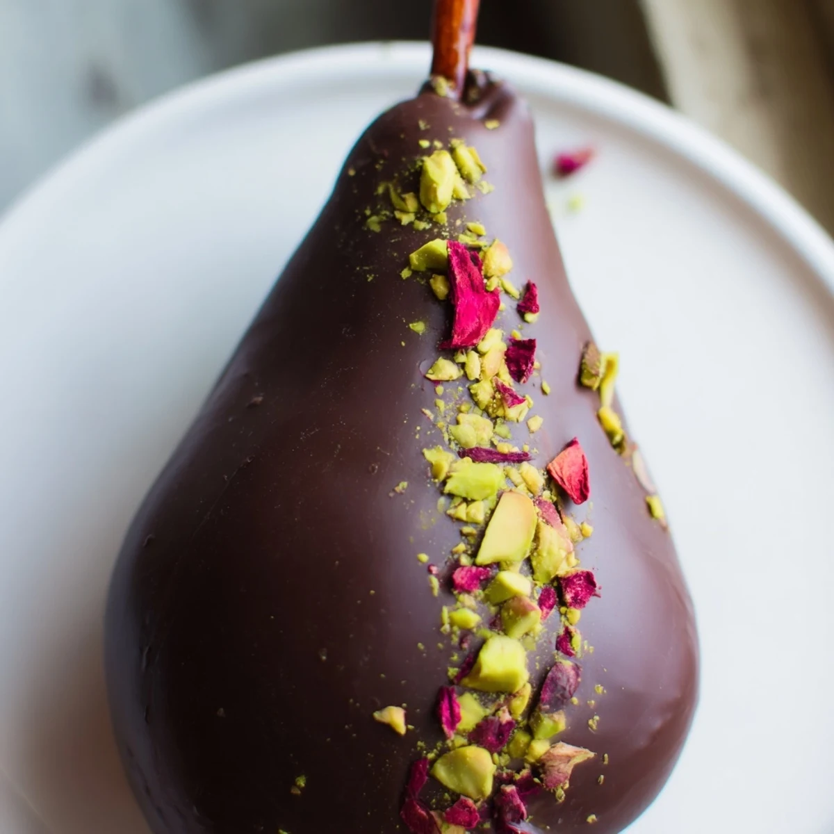 In a rustic kitchen setting, Romantic Chocolate Covered Pears are arranged on a wooden board, ready for a romantic dessert serving.