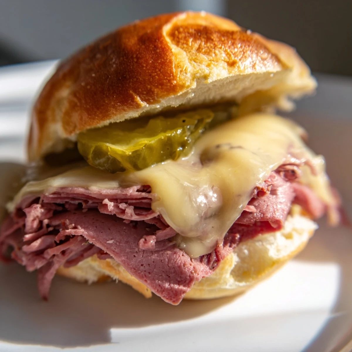 Golden-brown Corned Beef Sliders with crisp pickle slices and a side of extra mustard for dipping on a rustic board.