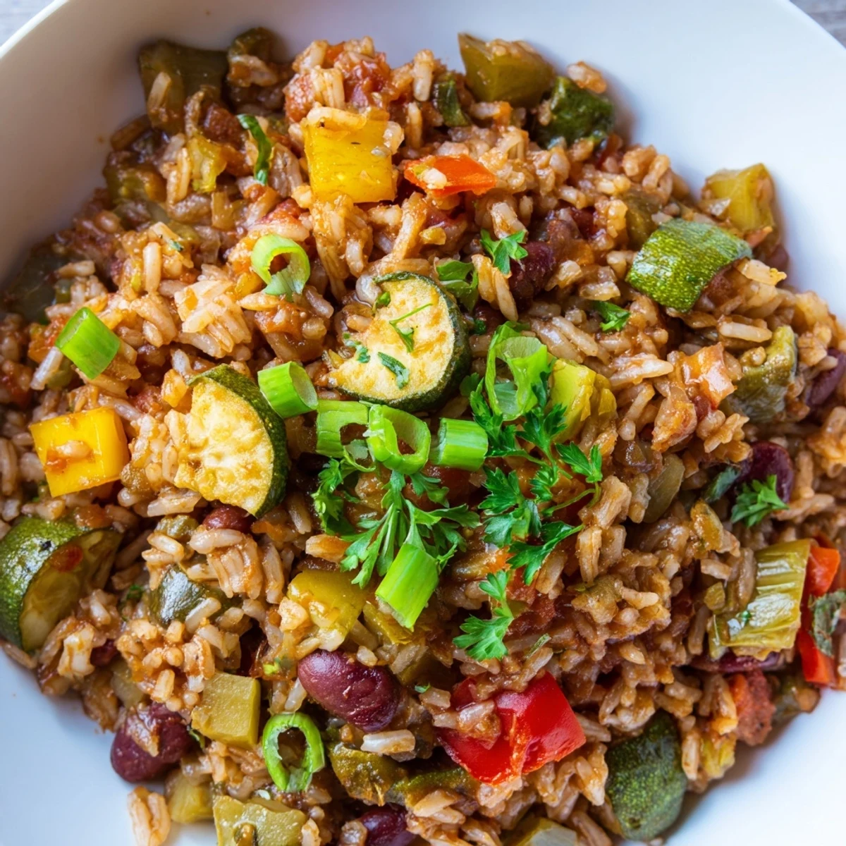 Mardi Gras Veggie Jambalaya served in a white bowl with fresh parsley garnish and lemon wedges for a bright, festive Creole finish.
