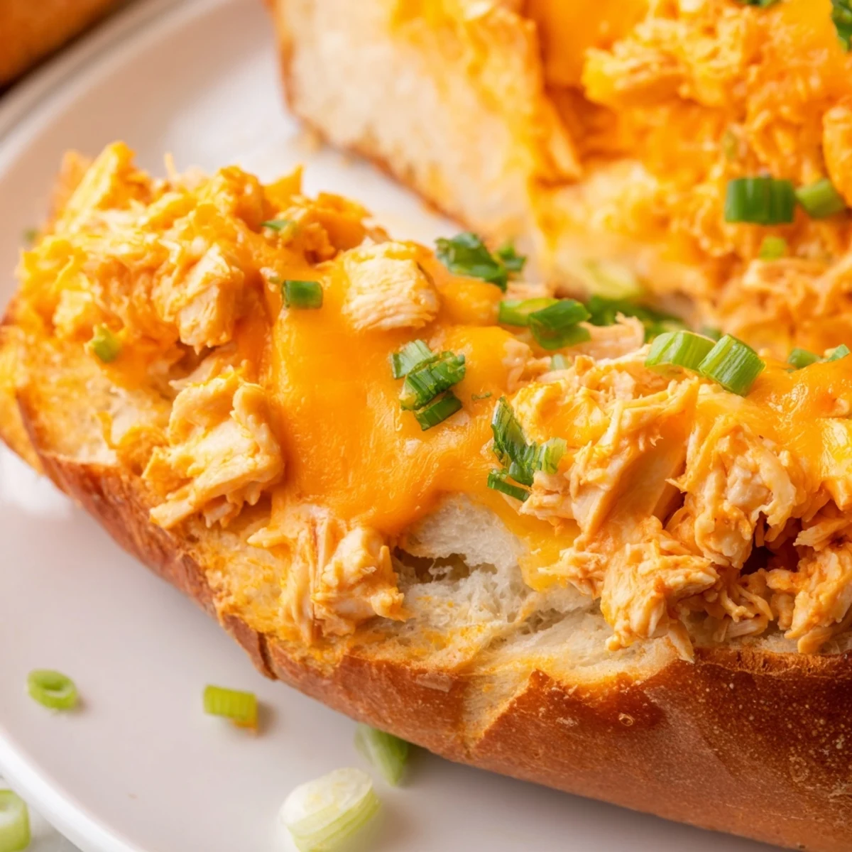 Golden, cheesy buffalo chicken dip bubbling inside a hollowed-out French bread loaf, ready to slice and serve at a game day party.