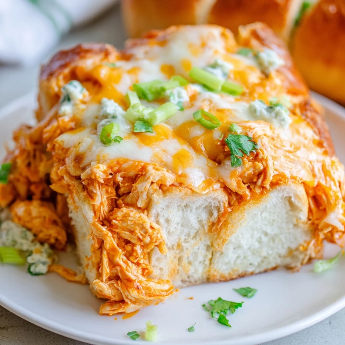 Freshly baked Tailgate Buffalo Chicken Dip Stuffed Bread loaf, oozing with spicy chicken dip and melted cheddar, garnished with green onions.
