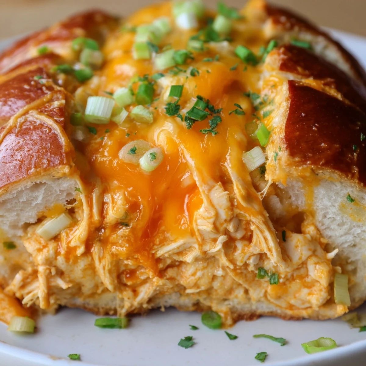 Slice of warm Tailgate Buffalo Chicken Dip Stuffed Bread on a plate, with crisp celery sticks for a classic party appetizer pairing.