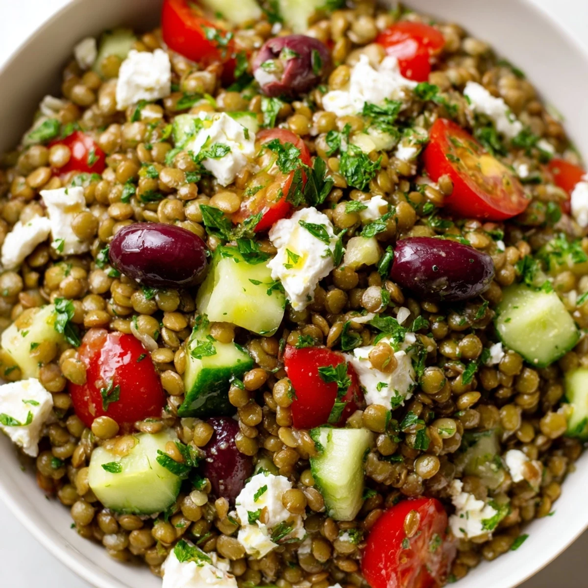 A close-up of Mediterranean Lentil Salad with Feta Cheese, featuring tender green lentils mixed with red onion, cucumber, and cherry tomatoes. 