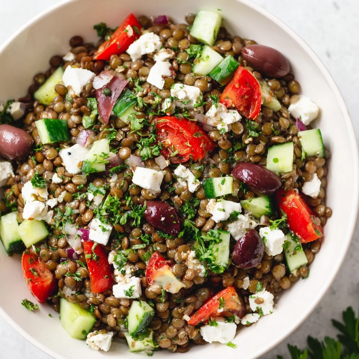 The Mediterranean Lentil Salad with Feta Cheese is garnished with fresh parsley and Kalamata olives in a rustic ceramic bowl. 